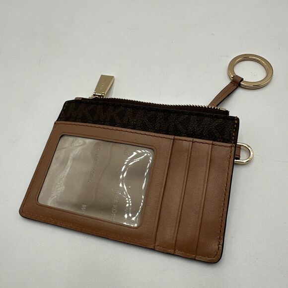 Michael Kors Wristlet Card Case Coin Purse Brown Logo Zip Small Wallet No Strap - Picture 3 of 8